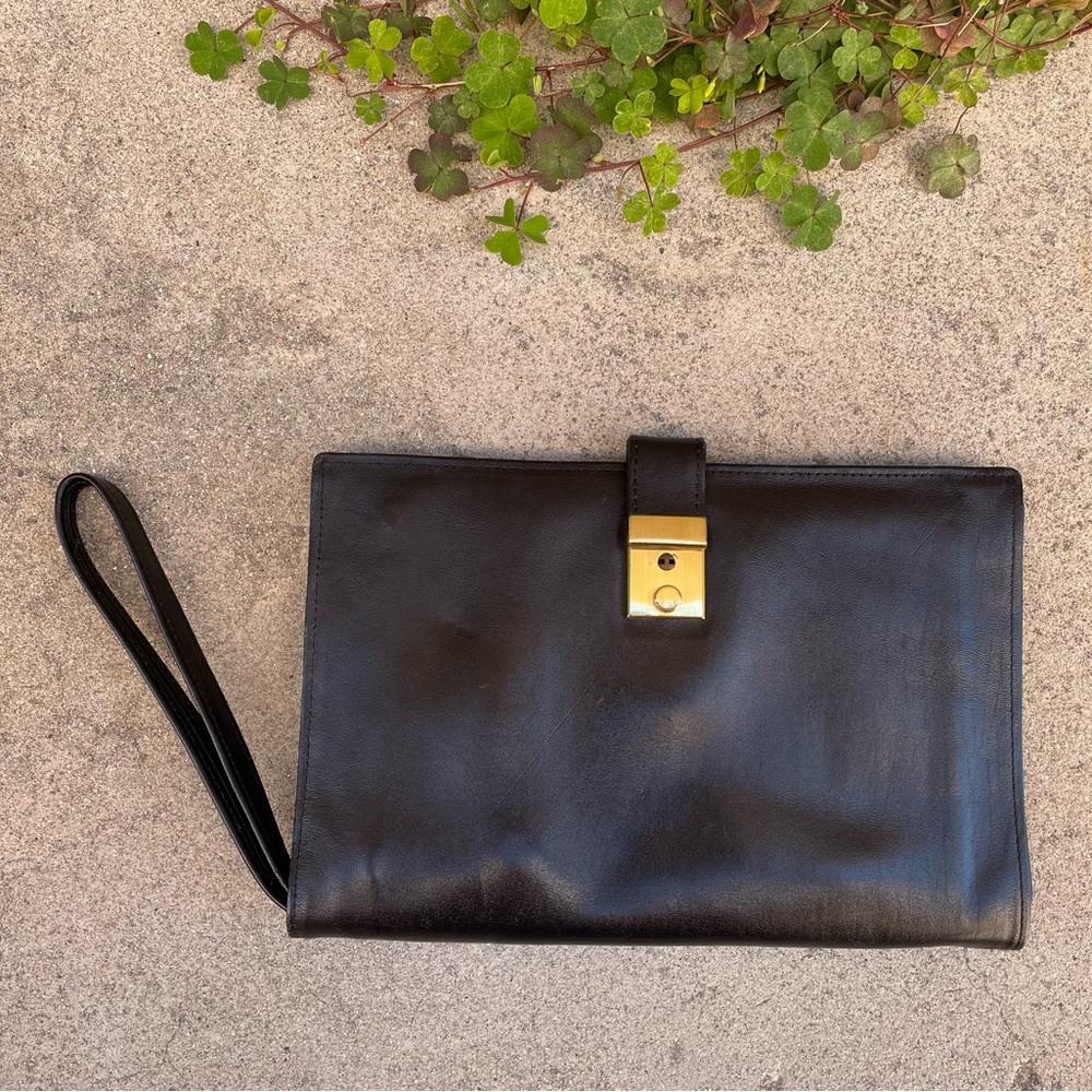 Vintage. Black Leather Wristlet with Gold Hardware